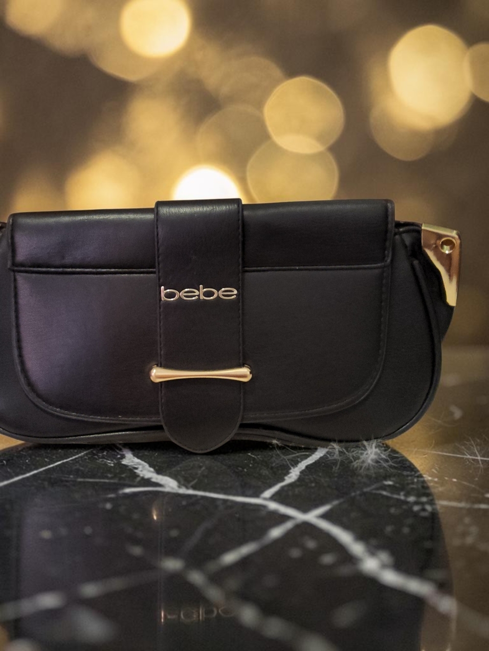 Bebe Black Clutch with Gold Accents